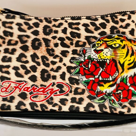 Ed Hardy Leopard Print Shoulder Bag with Tiger & Rose Tattoo Graphic - Picture 4 of 8